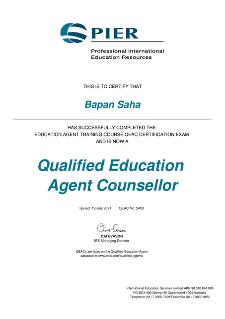 Qualified Education Agent Counsellor (QEAC) certificate