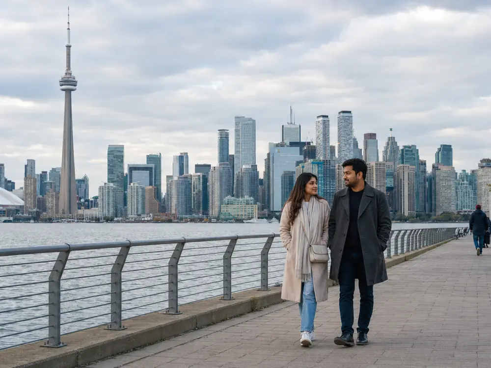 South Asian couple walking along the Toronto waterfront with the CN Tower skyline
