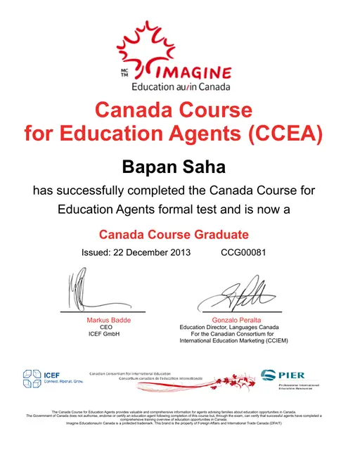 Canada Course for Education Agents (CCEA) certificate