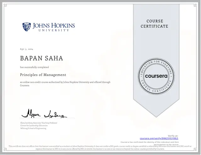 Principles of Management certificate