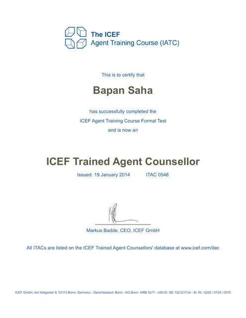 ICEF Trained Agent Counsellor (ITAC) certificate
