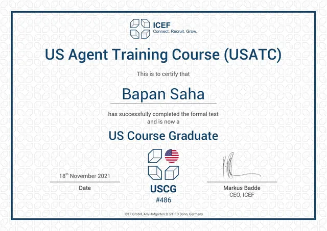 US Agent Training Course (USATC) certificate