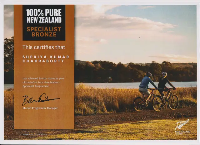 100% Pure New Zealand Specialist Bronze certificate